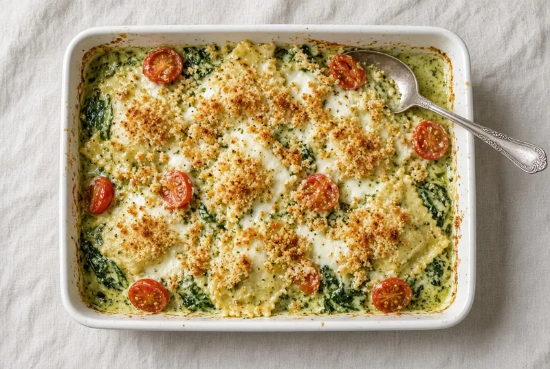 Pesto Chicken Ravioli Bake
